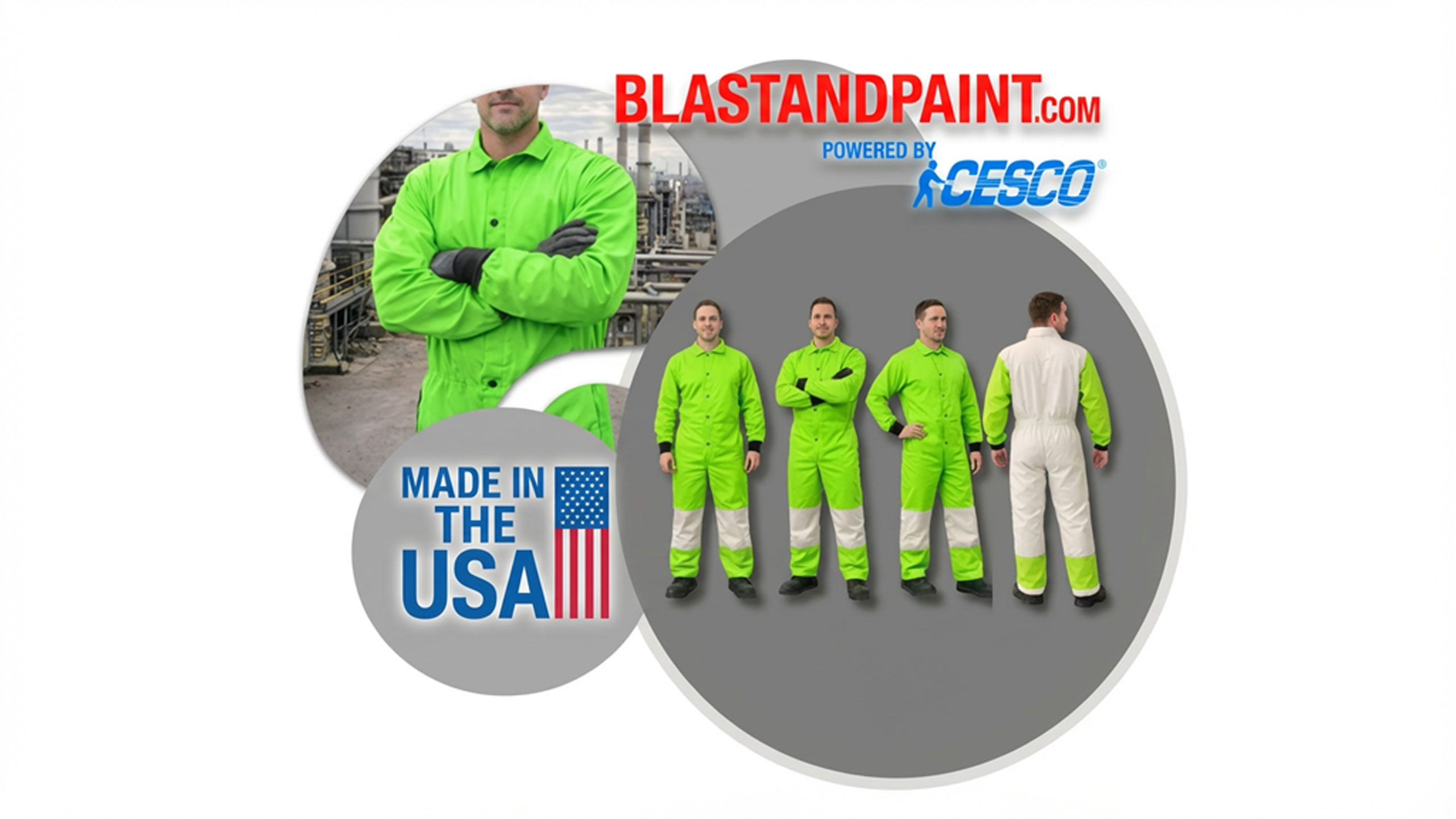 CESCO Blast Armor nylon sandblast suit in high-visibility green and white, featuring a durable nylon front and breathable cotton back for industrial abrasive blasting protection.